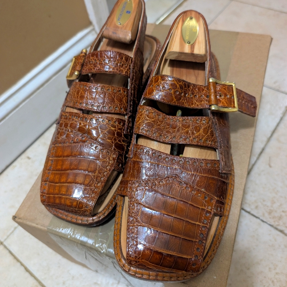 Brown Crocodile Leather Sandals With Gold Buckle Brown Crocodile Leather Sandals With Gold Buckle